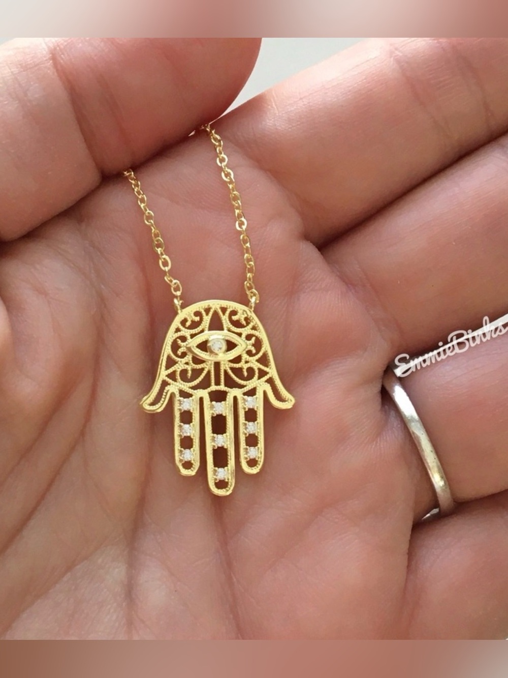 New Gold Dipped CZ Hamsa Hand Filigree Scroll Style Pendant Necklace - Revolve